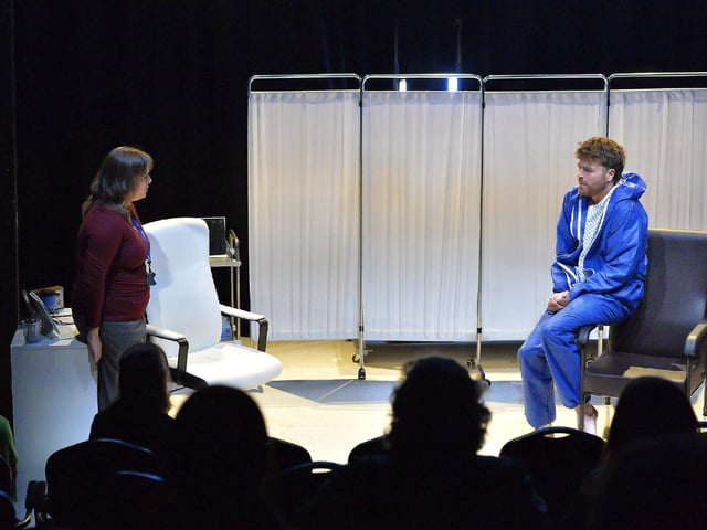 John, who has died by suicide, appears to mortuary make-up artist Jennifer in a liminal space between life and death in Jonathan Burgess’s play Forever and Ever at New Gate Arts and Culture Centre. Photo: George Sweeney