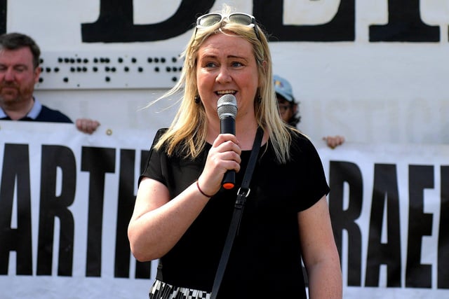Mary Durkan speaking at Free Derry Wall, on Saturday afternoon, at a gathering to remember ‘The Nakba’, also known as the ‘Palestinian Catastrophe’,  - the destruction of Palestinian society and homeland in 1948. Photo: George Sweeney.  DER2319GS – 26
