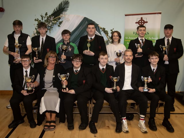 Mrs. Siobhan McIntyre, chair, Board of Governors and Ronan Stewart, Guest Speaker, pictured with some of the Senior Awards Winners at the Annual St. Joseph's Prizegiving on Thursday last. (Photos: Jim McCafferty Photography) : .