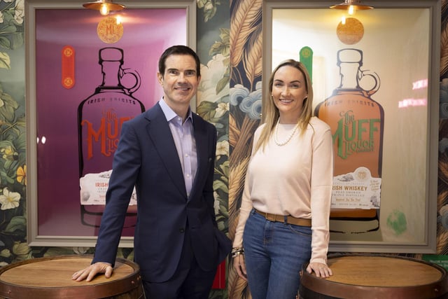 Comedian Jimmy Carr, one of a number of celebrity investors in the Muff Liquor company, visited the new Brand Home in the village of Muff in County Donegal on Saturday. Jimmy has invested in the company alongside other celebrities, including actor Russell Crowe and singers Ronan Keating and Nathan Carter. Pictured are Jimmy Carr and Muff Liquor founder and CEO, Laura Bonner. Next week Laura Bonner will travel to the United States to oversee the rollout of the brand across the US market . Photo by Joe Dunne