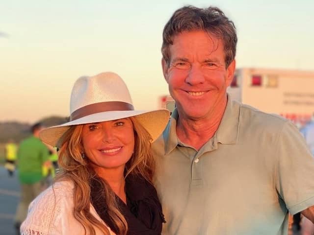 Roma Downey pictured with actor Dennis Quaid, who stars in the film she produced, titled 'On A Wing and a Prayer'.