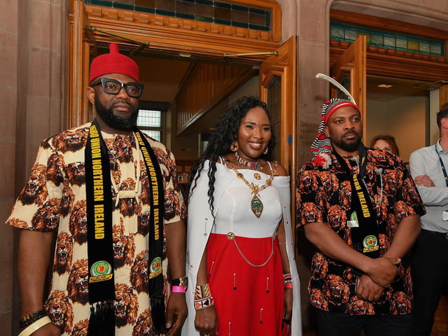 SDLP Colr Lilian Seenoi-Barr, newly elected mayor of Derry and Strabane, pictured with guests at the Guildhall on Monday Evening. Photo: George Sweeney