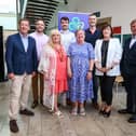 Shane Clarke, Tourism Ireland; James Huey, Walled City Brewery; Maeve McLaughlin, Museum of Free Derry; David Gilliland, Brooke Hall; Margaret Edwards, Derry City and Strabane District Council; Jamese McCloy, Glenshane Country Farm, Sharon McMahon, Loughs Agency and Christopher Brooke, Chairman of Tourism Ireland, before the Tourism Ireland board meeting in Derry.