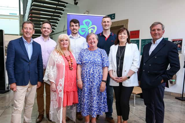 Shane Clarke, Tourism Ireland; James Huey, Walled City Brewery; Maeve McLaughlin, Museum of Free Derry; David Gilliland, Brooke Hall; Margaret Edwards, Derry City and Strabane District Council; Jamese McCloy, Glenshane Country Farm, Sharon McMahon, Loughs Agency and Christopher Brooke, Chairman of Tourism Ireland, before the Tourism Ireland board meeting in Derry.