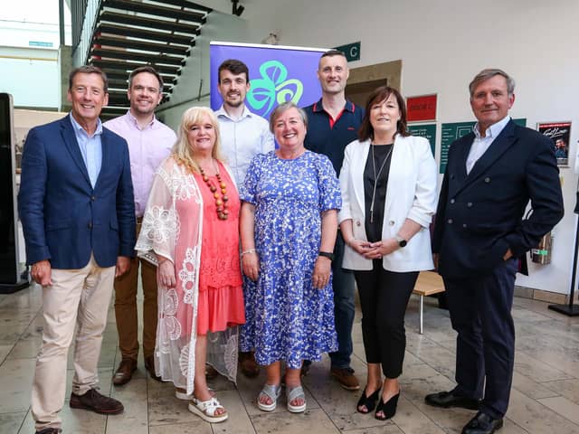 Shane Clarke, Tourism Ireland; James Huey, Walled City Brewery; Maeve McLaughlin, Museum of Free Derry; David Gilliland, Brooke Hall; Margaret Edwards, Derry City and Strabane District Council; Jamese McCloy, Glenshane Country Farm, Sharon McMahon, Loughs Agency and Christopher Brooke, Chairman of Tourism Ireland, before the Tourism Ireland board meeting in Derry.
