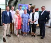 Shane Clarke, Tourism Ireland; James Huey, Walled City Brewery; Maeve McLaughlin, Museum of Free Derry; David Gilliland, Brooke Hall; Margaret Edwards, Derry City and Strabane District Council; Jamese McCloy, Glenshane Country Farm, Sharon McMahon, Loughs Agency and Christopher Brooke, Chairman of Tourism Ireland, before the Tourism Ireland board meeting in Derry.