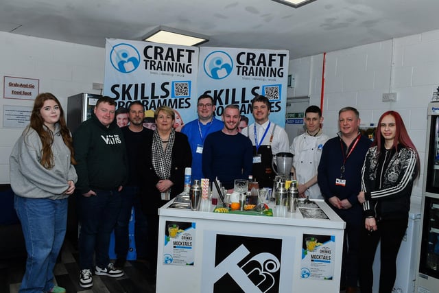 Group pictured at Bakery and Professional Cookery Event held at Craft Training, Springstown Industrial, during Northern Ireland Apprenticeship Week. Included in the photograph are Peter Heany, Susan Stranaghan and Aaron McAree, Department for the Economy, tutors Mark Hasson and Aaron O’Hagan, Training Manager Peter Reid, apprentices and prospective apprentices. Photo: George Sweeney