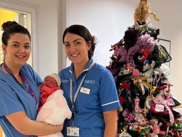 Baby girl Croia Rose Landers born at SWAH on January 1 at 7:35am to parents Olivia Kubiak and Mark Landers from Derrylin, is pictured with Maternity staff midwives Zoe Farrell and Shauna Jones.