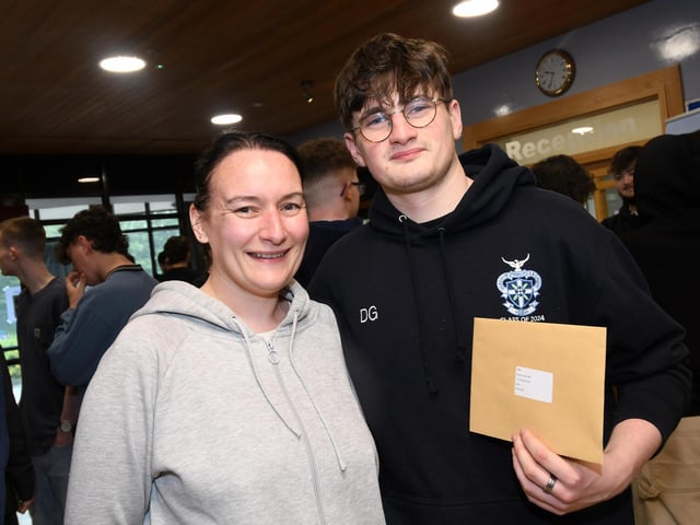 Daniel Grace pictured with his proud mum Frances when he collected his 'A' Level results at St. Columb's College on Thursday morning.