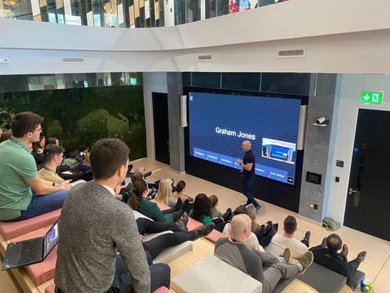 Seamus Fox delivers a talk on mindset at a company in Dublin's St. Stephen's Green.