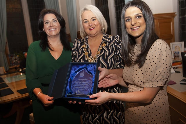 Mayor Sandra Duffy pictured with Good Morning North West staff members Michaela Stevenson and Nicole Knight at a reception in the Guildhall on Tuesday evening to mark the recognition of the dedication by staff and volunteers of the group to the community within the city and district.