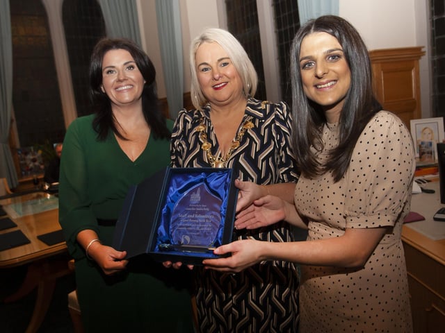 Mayor Sandra Duffy pictured with Good Morning North West staff members Michaela Stevenson and Nicole Knight at a reception in the Guildhall on Tuesday evening to mark the recognition of the dedication by staff and volunteers of the group to the community within the city and district.