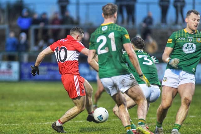 Niall Toner scores Derry's second goal against Meath at Owenbeg. (Photo: George Sweeney)