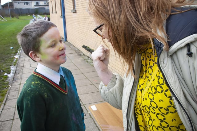 Mrs Hagan (teacher) and Year 8 student Corey O'Hagan share a joke at last week’s Colour Run. (Photos: Jim McCafferty Photography)