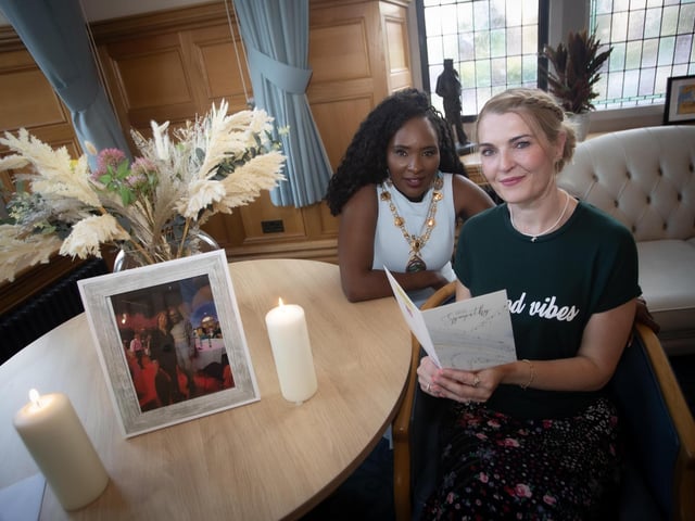 The Mayor, Lillian Seenoi-Barr pictured with Ciarrai McGee, the daughter of the late Mari McGee, who passed away earlier this year, during Tuesday's reception in her mother's honour on Tuesday evening at the Guildhall, Derry.