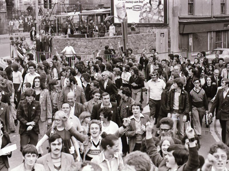 Pictured are people taking part in anti-internment demonstrations across Derry in August 1975 on the anniversary of the introduction of internment without trial in the north of Ireland four years earlier on August 9, 1971. Photos: Derry Journal.