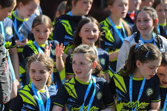 The 2024 Foyle Cup parade makes its way along Northland Road, towards Guildhall Square, on Monday morning. Photo: George Sweeney