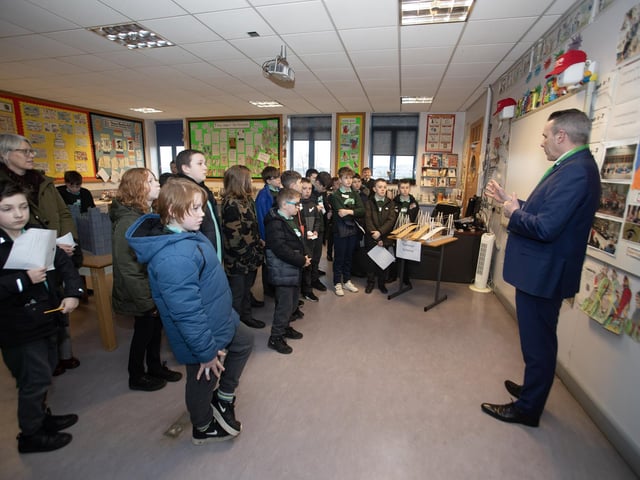 St. Joseph's Boys School teacher Mr. Smith chatting to prospective pupils from Oakgrove Integrated Primary School during open day.