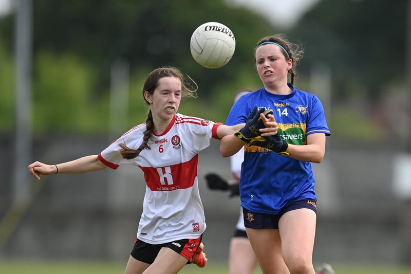 Action from the 2023 All-Ireland U14 Gold Final between Derry and Tipperary at Clan na Gael GAA Club in Dundalk, Louth. Photo by Stephen Marken/Sportsfile