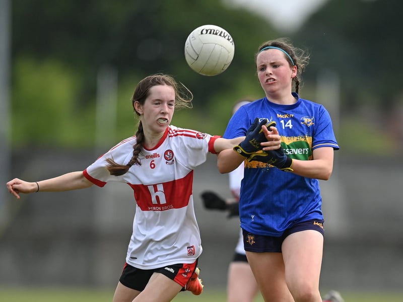 Action from the 2023 All-Ireland U14 Gold Final between Derry and Tipperary at Clan na Gael GAA Club in Dundalk, Louth. Photo by Stephen Marken/Sportsfile