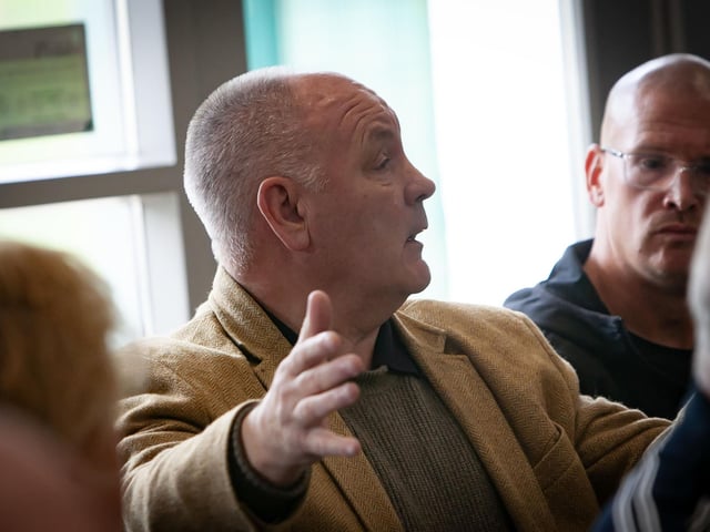 Audience member Derek Moore making a point at Monday's 'Did Ye Hear About. . . . ?' event in the Gasyard. : .