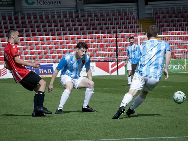 Aerial action from Saturday's SmartPAYni D&D Jimbo Crossan Cup final at Brandywell between Tristar and Phoenix Athletic. (Photos: Jim McCafferty Photography)