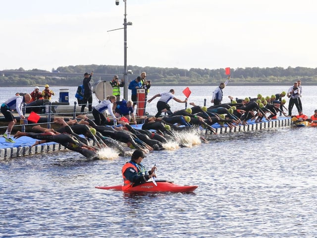 Foyle Paddlers safety team on hand as the Europe Triathlon Cup Junior Men race starts on the River Foyle on Saturday morning. (Photo - Tom Heaney, nwpresspics)