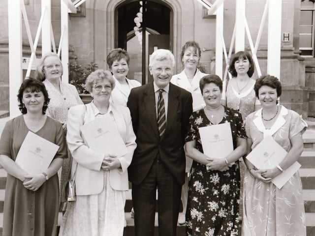 Photographs of students, professors, and proud parents during the Magee graduations in June 1995.