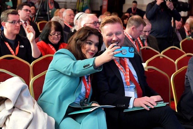 Cara Hunter MLA takes a selfie with Daniel McCrossan MLA at the SDLP annual Conference, on Saturday morning, in St Columb’s Hall. Photo: George Sweeney. DER2312GS – 39