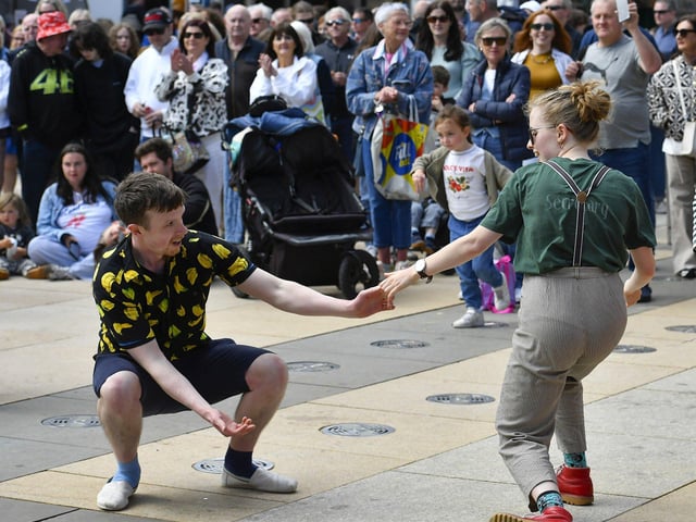 Revellers dance to the music of Palais Swing Band in Guildhall Square during the City of Derry Jazz Festival. Photo: George Sweeney