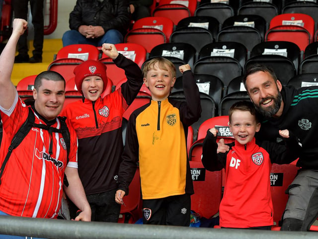 Derry City supporters celebrate after their side's win over St Patrick’s Athletic, on Friday night. DER2317GS-80