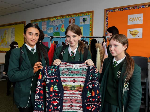 St Cecilia’s College browse the pre-loved clothing at the Swap Shop, held in the school on Wednesday morning. Photo: George Sweeney