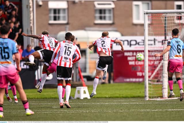 Dipo Akinyemi of Derry City, 10, scores his side's first goal at The Ryan McBride Brandywell Stadium. Photo by Ramsey Cardy/Sportsfile