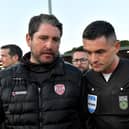 Derry City manager Ruaiddhri Higgins speaks with referee Rob Hennessy after the final whistle. DER2321GS - 