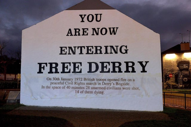 One of the projected images, on Free Derry Corner on Thursday evening, of the British colonial past from the ‘The Sun Never Set And The Blood Never Dries’ art project created by Art Everywhere.  The event was part of Bloody Sunday 51 anniversary. Photo: George Sweeney. DER2305GS – 114