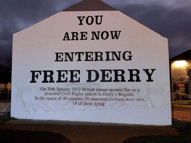 One of the projected images, on Free Derry Corner on Thursday evening, of the British colonial past from the ‘The Sun Never Set And The Blood Never Dries’ art project created by Art Everywhere. The event was part of Bloody Sunday 51 anniversary. Photo: George Sweeney. DER2305GS – 114