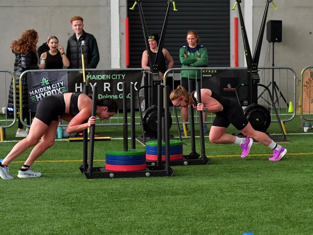 Competitors in the Maiden City Hyrox 3.0 Fitness Challenge held at Sean Dolans GAC on Saturday. Photograph: George Sweeney