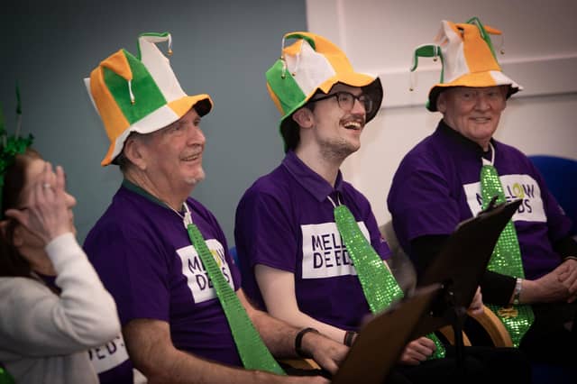 Choir members Willie Barrett, Owen Coyle and Gerard McGill enjoy a joke during the DEEDS St. Patrick's Day concert at Old Library Trust, Creggan. (Photos: Jim McCafferty Photography)