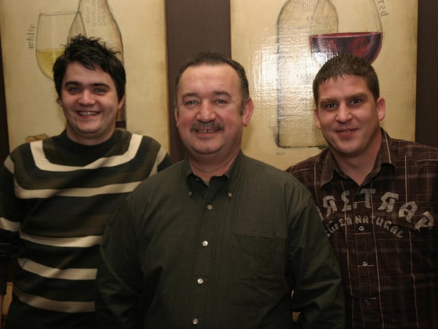 Tony pictured with his son Tony and son-in-law Paul at the Delocroix 0024/JML : Parties and celebrations January 2006: Tony Devlin.