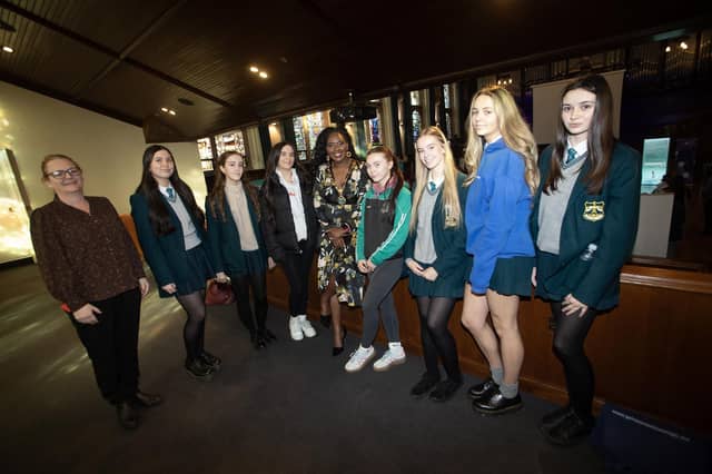 The Mayor, Lilian Seenoi-Barr pictured at the Apprenticeship Fair at the Guildhall on Thursday morning with students from Thornhill College. The event was hosted by the DCSDC's Labour Market Partnership. Included on left is Shonagh Higgenbotham, Employment Support Officer, LMP at Derry City and Strabane District Council. (Photos: Jim McCafferty Photography)