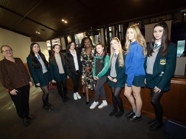 The Mayor, Lilian Seenoi-Barr pictured at the Apprenticeship Fair at the Guildhall on Thursday morning with students from Thornhill College. The event was hosted by the DCSDC's Labour Market Partnership. Included on left is Shonagh Higgenbotham, Employment Support Officer, LMP at Derry City and Strabane District Council. (Photos: Jim McCafferty Photography)