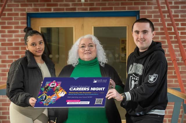 Violet Toland, Higher Education Curriculum Lead for Quality Enhancement at NWRC pictured with Early Years student Codi-Leigh Gorman, and Travel and Tourism student Matthew McGrotty.