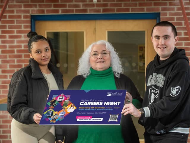 Violet Toland, Higher Education Curriculum Lead for Quality Enhancement at NWRC pictured with Early Years student Codi-Leigh Gorman, and Travel and Tourism student Matthew McGrotty.