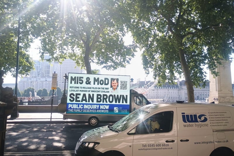 A billboard drawing attention to the Sean Brown campaign has been circulating in central London this week.
