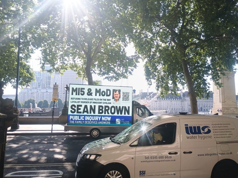 A billboard drawing attention to the Sean Brown campaign has been circulating in central London this week.