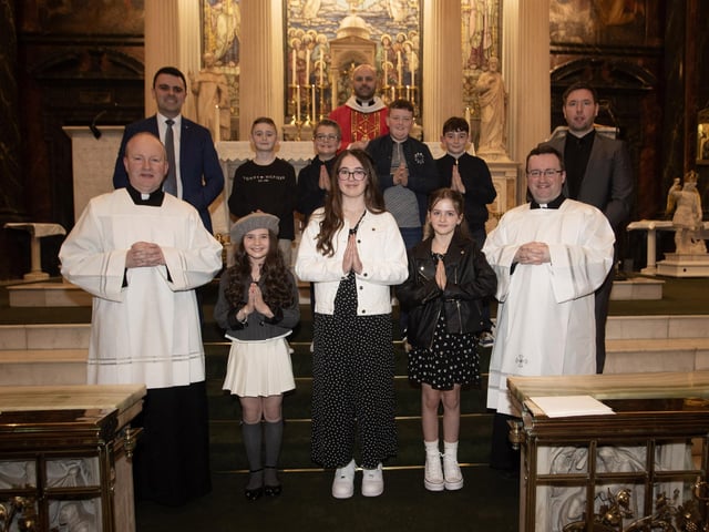 Pupils from Ballougry Primary School who received the Sacrament of Confirmation from Fr. Chris McDermott at Long Tower Church on Thursday evening last. Included at front are Fr. Gerard Mongan and Fr. Stephen Ward. At back are Mr. O'Kane, Principal, Ballougry and Mr. Kane, P7 teacher. (Photos: Jim McCafferty Photography)