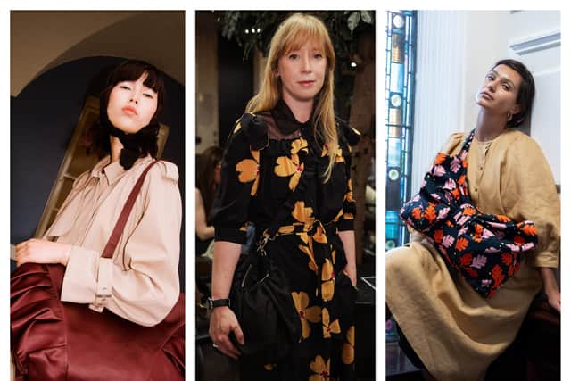 Caoimhe Grant (middle) with, on left, the 'frill shopper' bag and on right, an image and handbag for her collection with 'Tissue.' photographed at Lumen Christi.