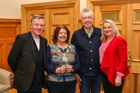 Mayor Patricia Logue with Billy Doherty and Michael Bradley from The Undertones at a reception in the Guildhall for the band to mark the recent 45th anniversary of the release of their debut single 'Teenage Kicks'. The reception was proposed by Sinn Féin Councillor Sandra Duffy (right).