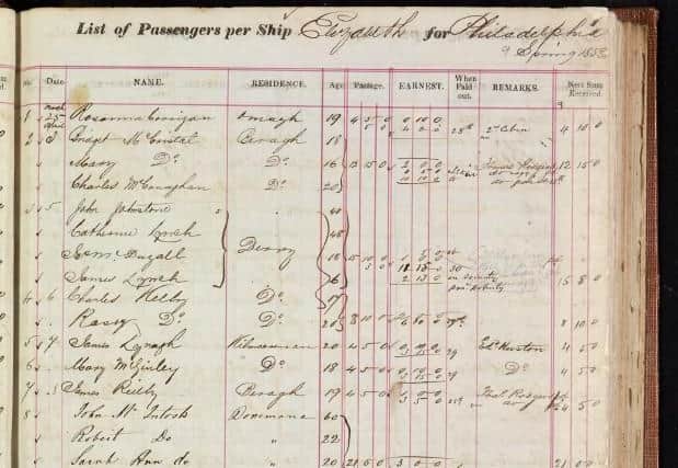 A passenger book of shipping agent J & J Cooke listing the names of those leaving Foyle Port for Philadelphia, Québec and St. John, New Brunswick between March 1858 and July 1867.