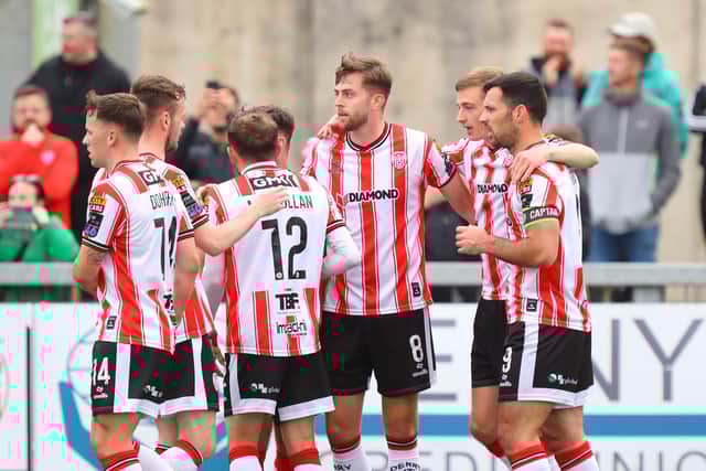 Will Patching celebrates scoring for Derry City last season.